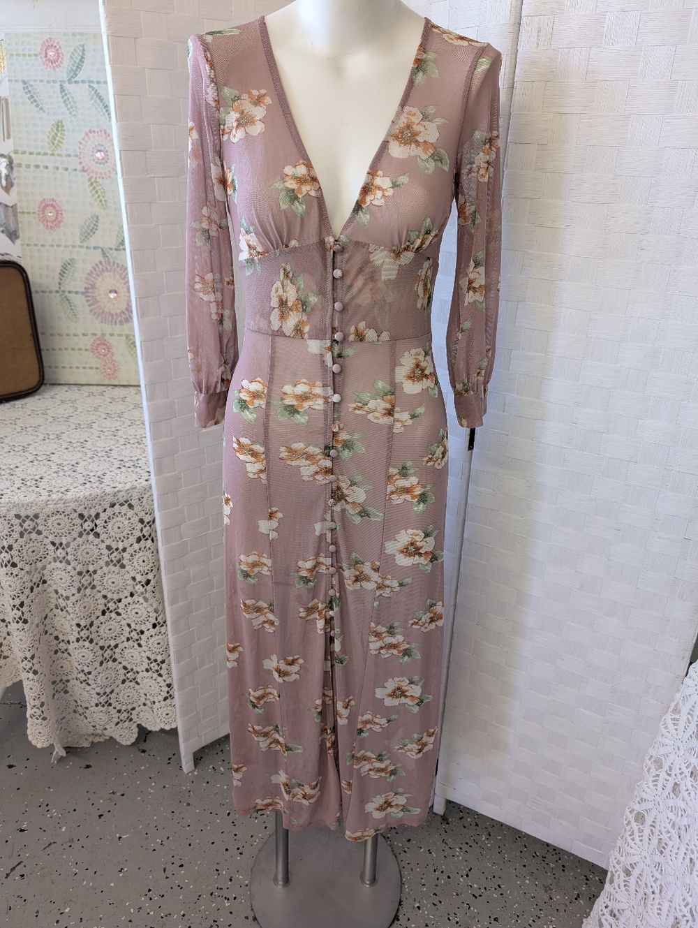 Cover Up Dress Bohemian Mauve Floral Button-Front Sheer Side Slit Maxi Overlay